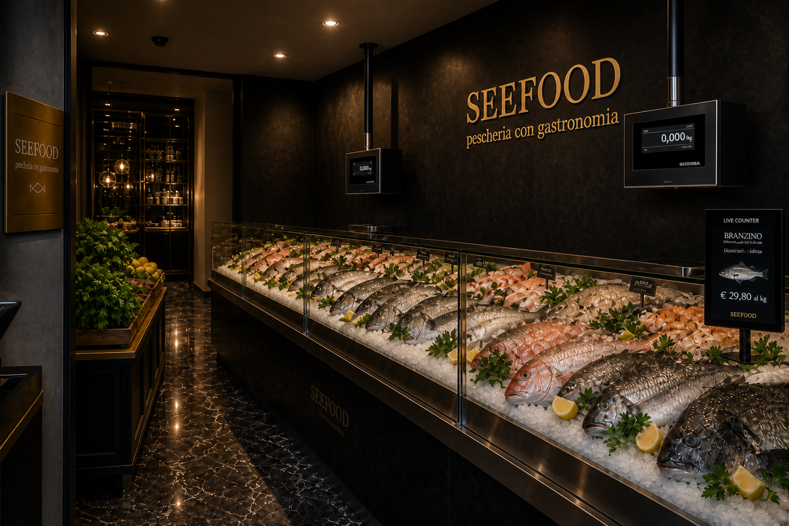 Ingresso pescheria SEEFOOD: banco a destra su ghiaccio, bilance sospese, Live Counter